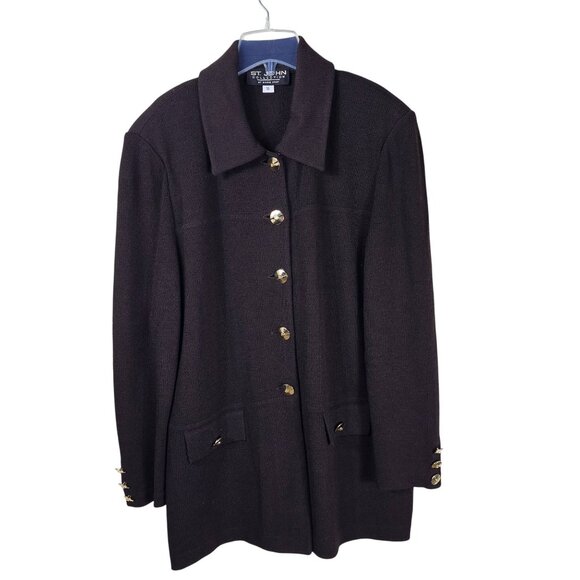 St. John Santana Knit Blazer Jacket 16 Brown Gold Button Details Quiet Luxury